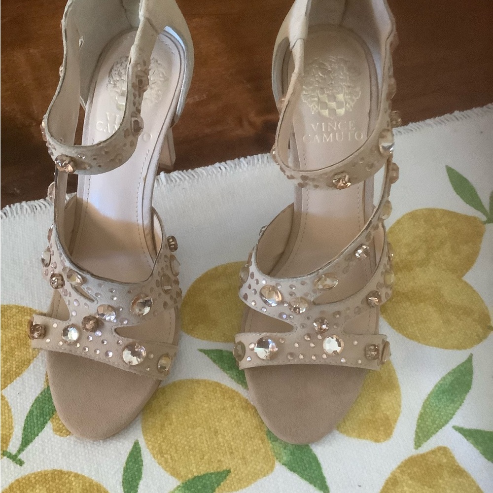 Vince Camuto Beige Jeweled Suede Block Heel Sandals